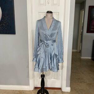 Express Women Small Silk Wrap Mini Dress in ice blue with Belt